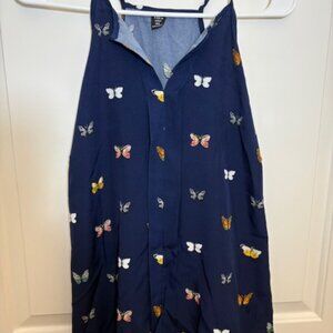 Navy Blue Butterfly Print Sleeveless Blouse